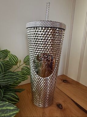 Starbucks Disneyland Metallic Silver Studded Cold Cup with Straw